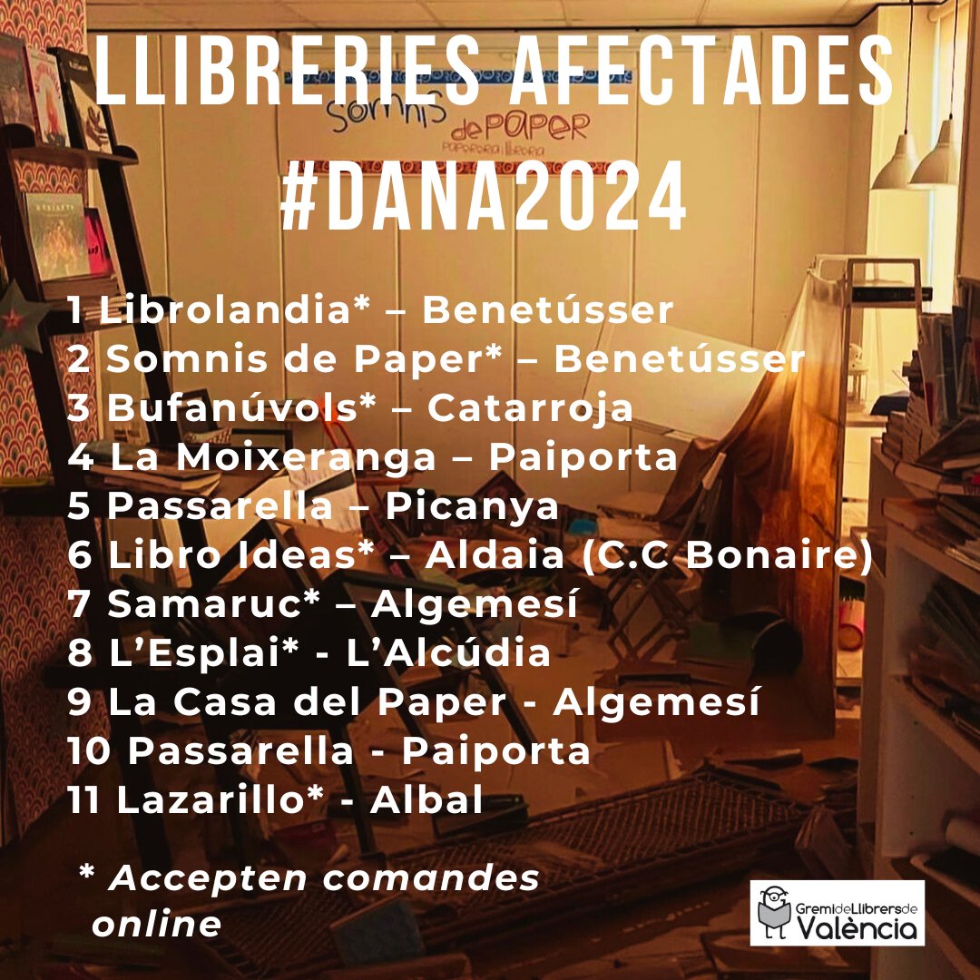 📢Actualitzem el llistat de llibreries afectades per la Dana. Els amics de <a href="/valencianegra/">Valencia Negra</a> han fet una magnífica guia de compra. Moltes gràcies per la solidaritat! 🥰
x.com/valencianegra/…