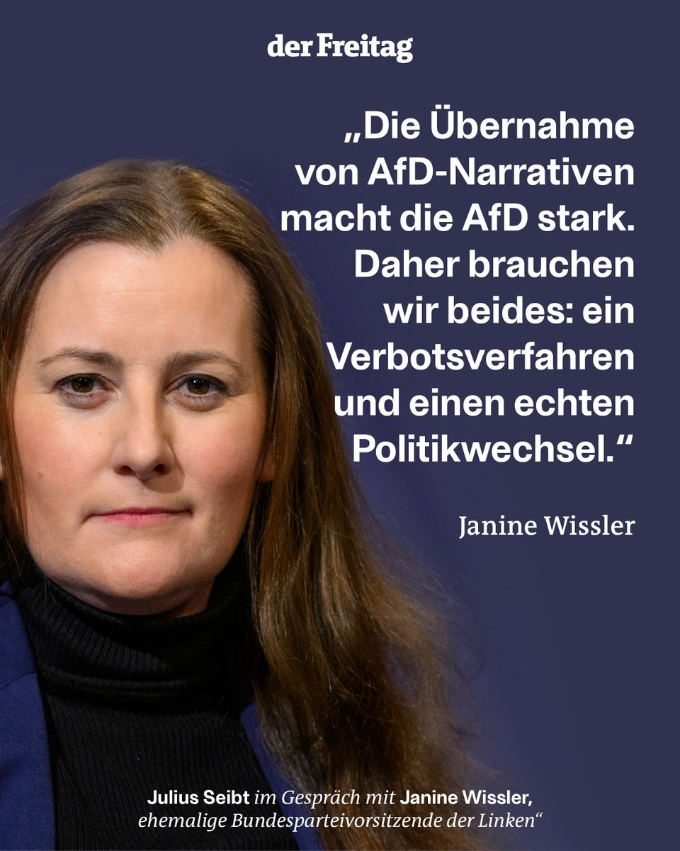 Am Mittwoch wurde ein AfD-Verbotsantrag bei der Bundestagspräsidentin abgegeben. Doch ein Verbot der #noAfD könnte deren Wähler noch weiter radikalisieren. Im Gespräch erklärt <a href="/Janine_Wissler/">Janine Wissler</a>, warum sie es dennoch unterstützt (F+)

🔗 freitag.de/autoren/julius…
📝Julius Seibt
