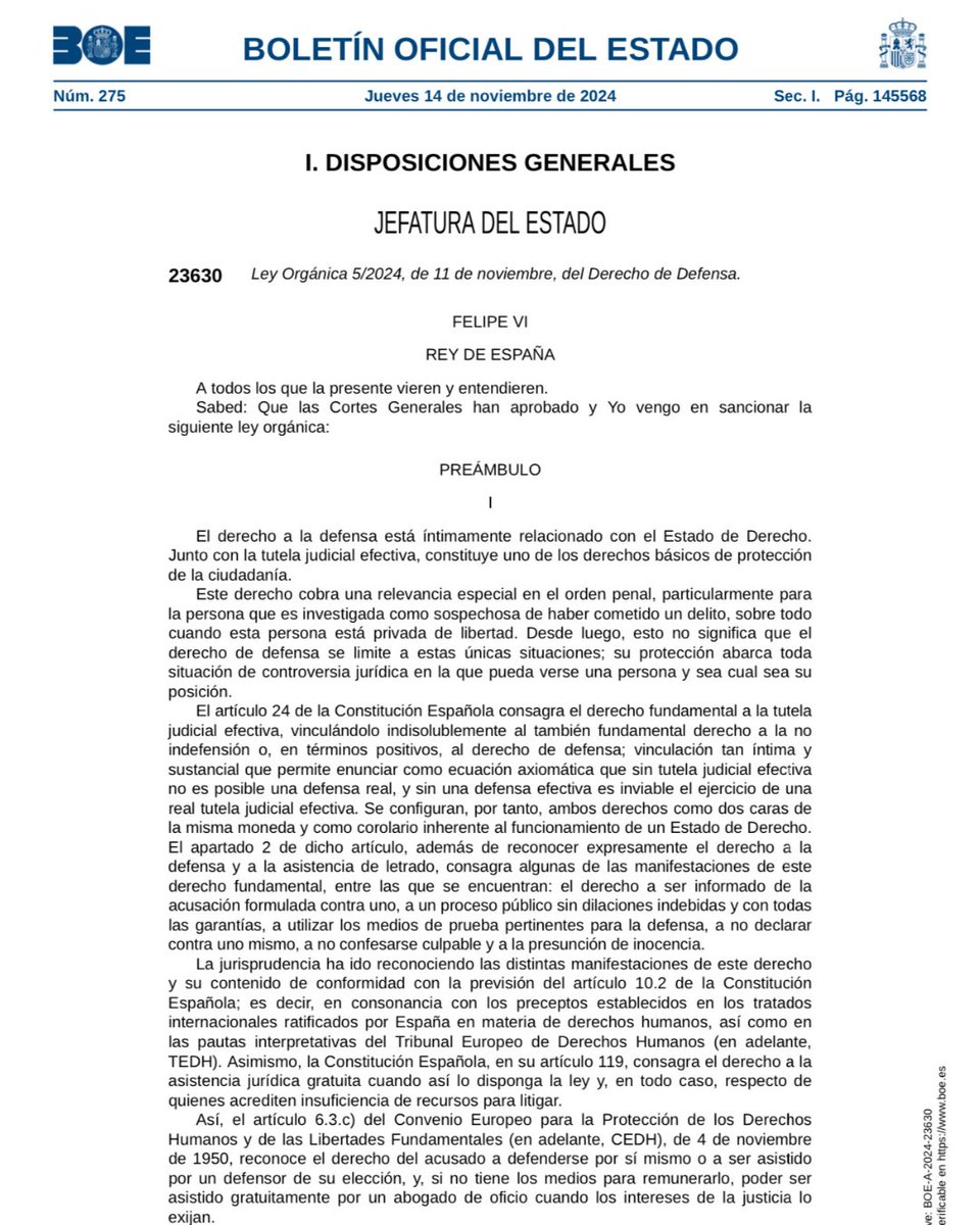 📜🔔 Hoy se ha publicado en el BOE la Ley Orgánica del Derecho de Defensa. Un paso importante para fortalecer, nuestra profesión y la protección de los derechos de todos los ciudadanos en sus procesos legales. ⚖️🤝
