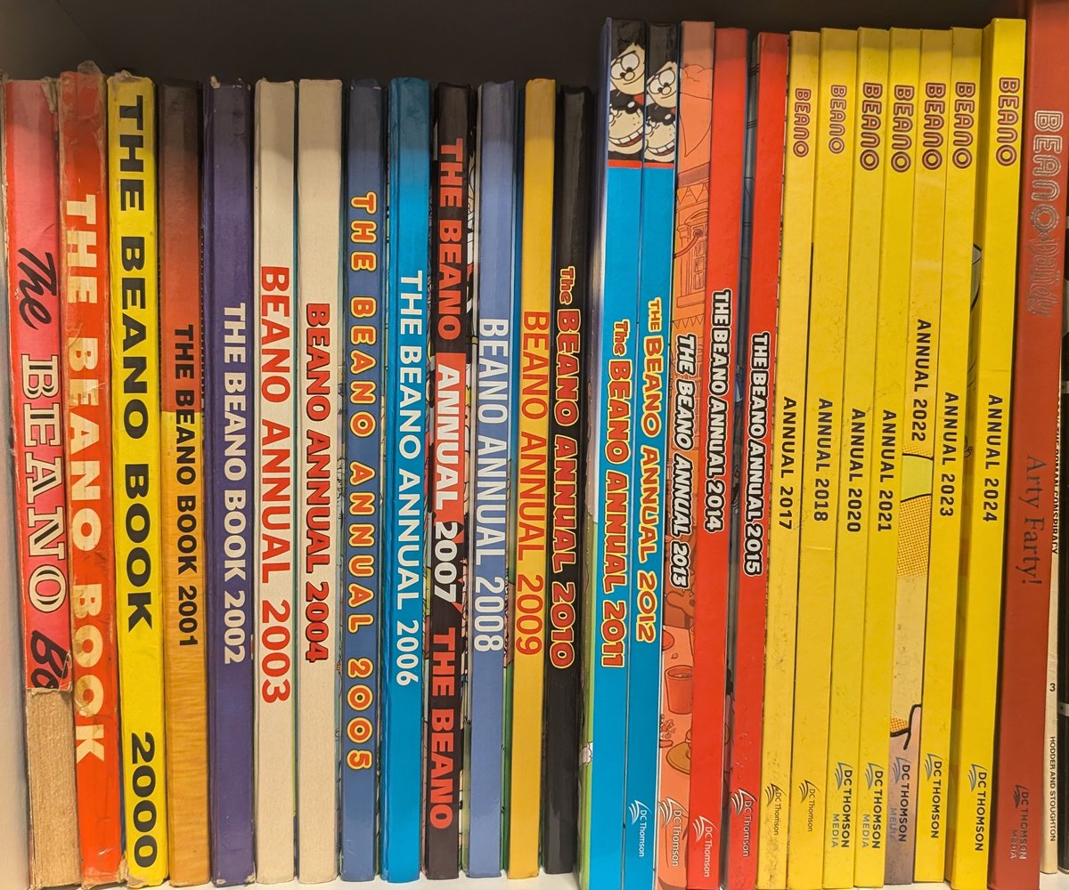 elliotleaver92's tweet photo. Went back to my parents last weekend and picked up a collection I'm rather proud of - just a shame that 2016 and 2019 are MIA and 1999 is missing a page or two, but they're easily replaceable! @BeanoOfficial https://t.co/i8a7lro4X4
