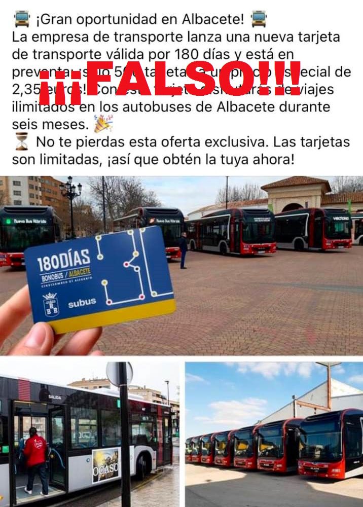 ⚠️ ¡Atención! 
El <a href="/AytoAlbacete/">Ayuntamiento de Albacete</a> alerta de una estafa sobre un falso Bono de 180 días para el bus urbano. 
No lo adquieras, es falso 🚫🚌 
#Albacete #StopBulos