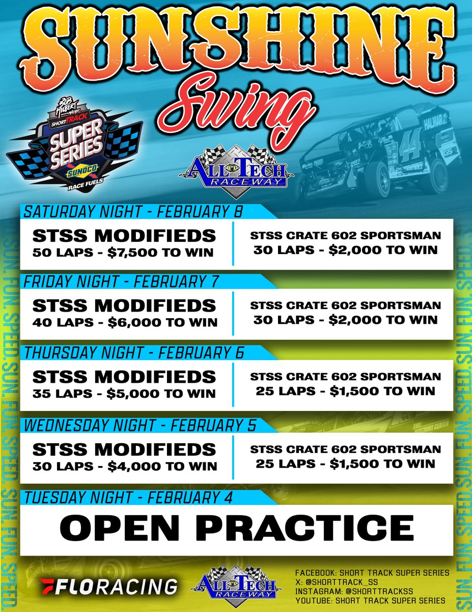 ☀️ 𝗢𝗡 𝗧𝗢 𝗦𝗨𝗡, 𝗙𝗨𝗡 &amp; 𝗦𝗣𝗘𝗘𝗗: <a href="/AllTechRaceway/">All-Tech Raceway</a> will kick off our 12th <a href="/shorttrack_ss/">Short Track Super Series</a> season and will host our milestone 200th Modified event. See you Feb. 4-8, 2025!