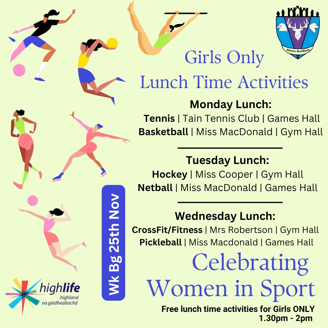 We are celebrating Women in Sport! 📷📷📷📷 There will be lunch time activities for girls only.  If you love sports, check out what is available and come join us from Monday 25th to Thursday 28th November.  Bring all your friends and have fun whilst keeping fit and healthy! 💪
