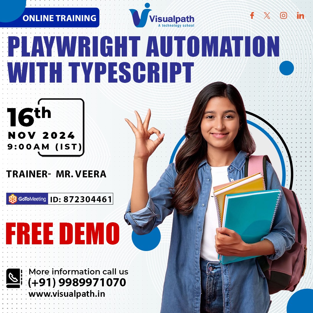 VisualpathPro's tweet image. meet.goto.com/872304461
Attend Online #Free_Demo On #Playwright_Automation_with_Typescript by Mr. Veera.
Demo on: 16 November 2024 @9:00 AM IST.
Contact us: +91 9989971070
whatsapp.com/catalog/919989…
visualpath.in/online-playwri…
#visualpath #elearning #PlaywrightDemo