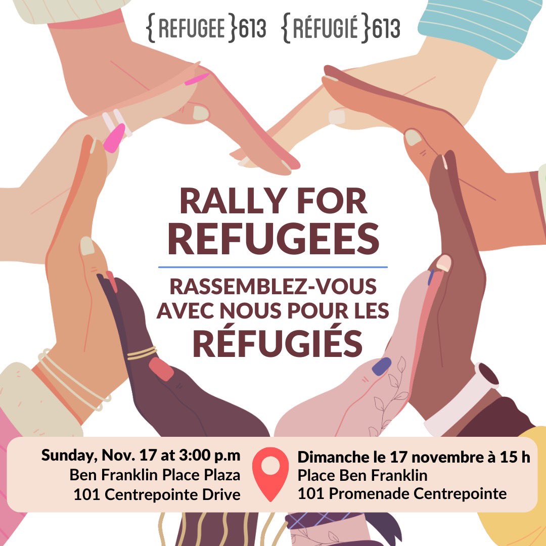 Join <a href="/refugee613/">{ REFUGEE } 613</a> on Sunday for a rally to show solidarity with newcomers and support <a href="/ottawacity/">City of Ottawa</a> plans for two newcomer reception centres that aim to relieve pressure on Ottawa's struggling shelter system.  Learn more at r613.info/rally