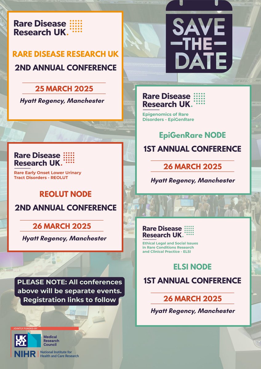 ELSI - Rare Disease Research UK (@rdruk_elsi) on Twitter photo 📅Save the Date!
📢Our 1st Annual Conference is happening on 26 March 2025 at the Hyatt Regency, Manchester (same day as <a href="/REOLUT/">REOLUT - Rare Disease Research UK</a> and <a href="/EpiGenRare/">EpiGenRare - Rare Disease Research UK</a> Conferences & following the <a href="/RDRUKHub/">Rare Disease Research UK</a> Node Annual Conference on 25 March 2025).
📷Stay tuned for registration and more information! 📅Save the Date!
📢Our 1st Annual Conference is happening on 26 March 2025 at the Hyatt Regency, Manchester (same day as <a href="/REOLUT/">REOLUT - Rare Disease Research UK</a> and <a href="/EpiGenRare/">EpiGenRare - Rare Disease Research UK</a> Conferences & following the <a href="/RDRUKHub/">Rare Disease Research UK</a> Node Annual Conference on 25 March 2025).
📷Stay tuned for registration and more information!