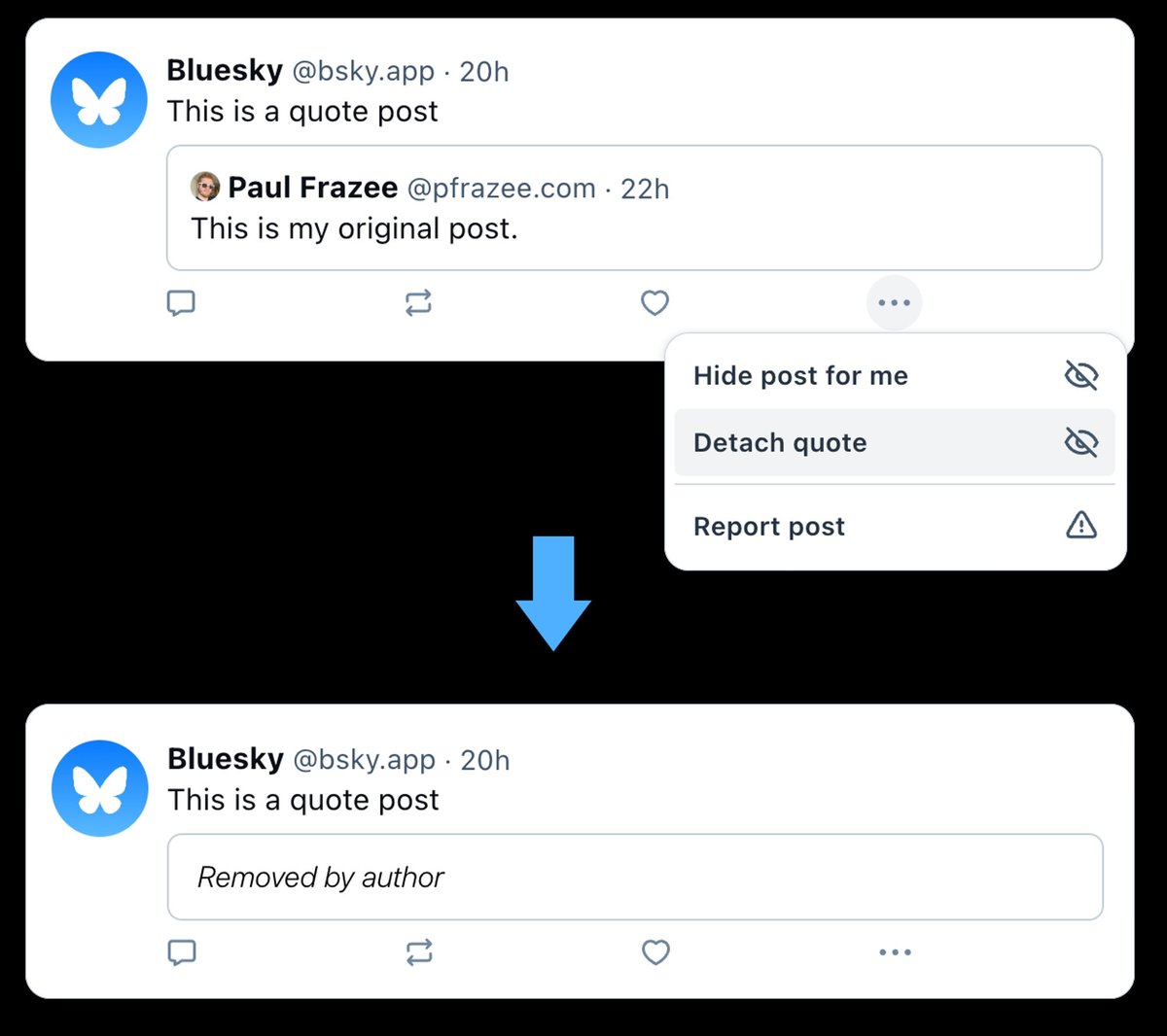 Par exemple, si quelqu'un cite votre post pour vous insulter (une pratique bien connue ici), vous pouvez tout simplement vous dissocier de sa citation. Plutôt pratique non ?