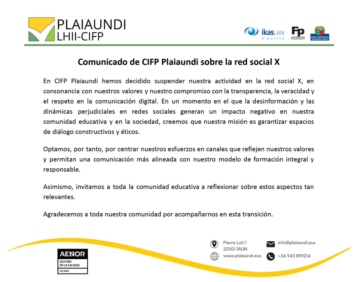 Plaiundi LHIIn X sare sozialeko jarduera etetea erabaki dugu.

CIFP Plaiaundi decidimos suspender la actividad en la red social X.
