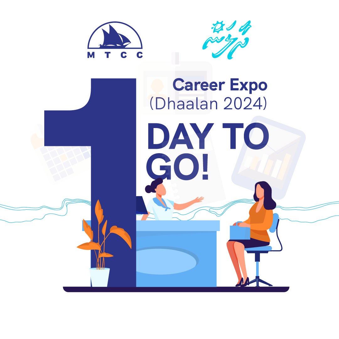 MTCCPlc's tweet photo. Countdown starts for #Dhaalan Career Expo! One day to go! Visit our stall from 15-16 Nov 2024, from 4 pm - 10 pm at Hulhumale' Central Park. Do not miss this opportunity to appy for our jobs and hunavaru apprentice programs on the spot!
#Hunavaru2024 #TeamMTCC https://t.co/aGJyE477IX
