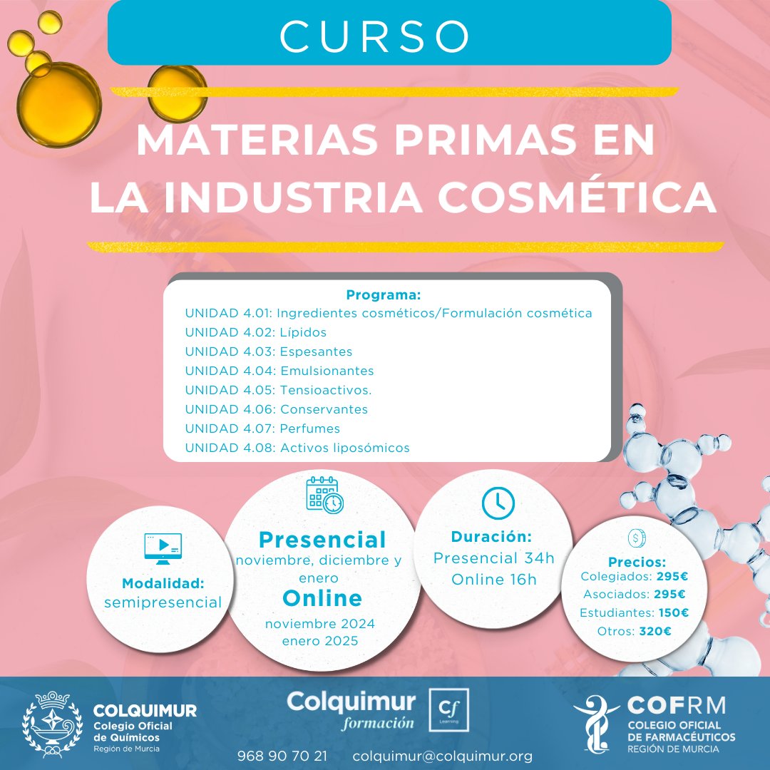 COLQUIMUR's tweet image. Curso 👉🏼 Materias Primas en la Industria Cosmética
📆 del 23 de noviembre al 18 de enero de 2025
Encuentra toda la información en 👉🏼 lc.cx/hopbMN
#colquimur #colquimurformación #cosmética #mástercosmética #formacióncosmética #cosmetic #sectorquímico