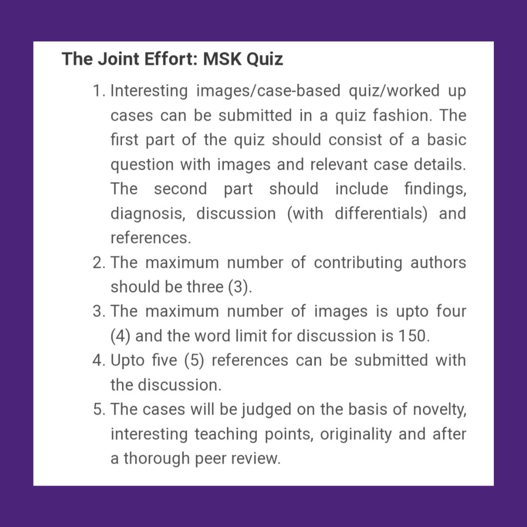 IJMSR_MSSindia's tweet photo. The Joint Effort: MSK Quiz. 🥳 This segment is designed to challenge and enhance your diagnostic skills, offering a unique platform to test your knowledge in musculoskeletal radiology . We invite radiologists, clinicians, and medical professionals to contribute questions and cases to The Joint Effort section and help create an engaging learning experience for our readers. 🙏
#msk #mskRad #FOAMRad #FOAMMed #radiology #RadRes #medicine #orthotwitter #MSKImaging #Radiology #Education #Musculoskeletal #FoamRad #medtwitter
@samrad77 @SkeletalRadiol @The_ASSR @RadioGraphics @ClinRadiology @RadClinics @RadiologyACR @ESSRmsk @Arthritis_ARC @CureArthritis @psoriasis_hub @LeedsTeamSpA @AxSpA_HU @YaleRadiology @EurRadiology @Hopkins_Rad @praveenchinniah @atultanejamd