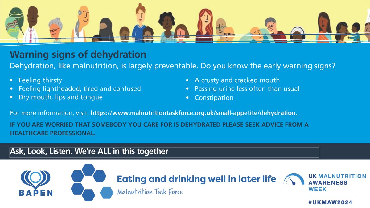 Dehydration is a common cause of hospital admission and can slow down recovery time. As we age, we start to naturally feel less thirsty so it’s important to keep an   eye on how much you’re drinking throughout the day.
 
Use #UKMAW2024 and #ThirstyThursday to spread the word!