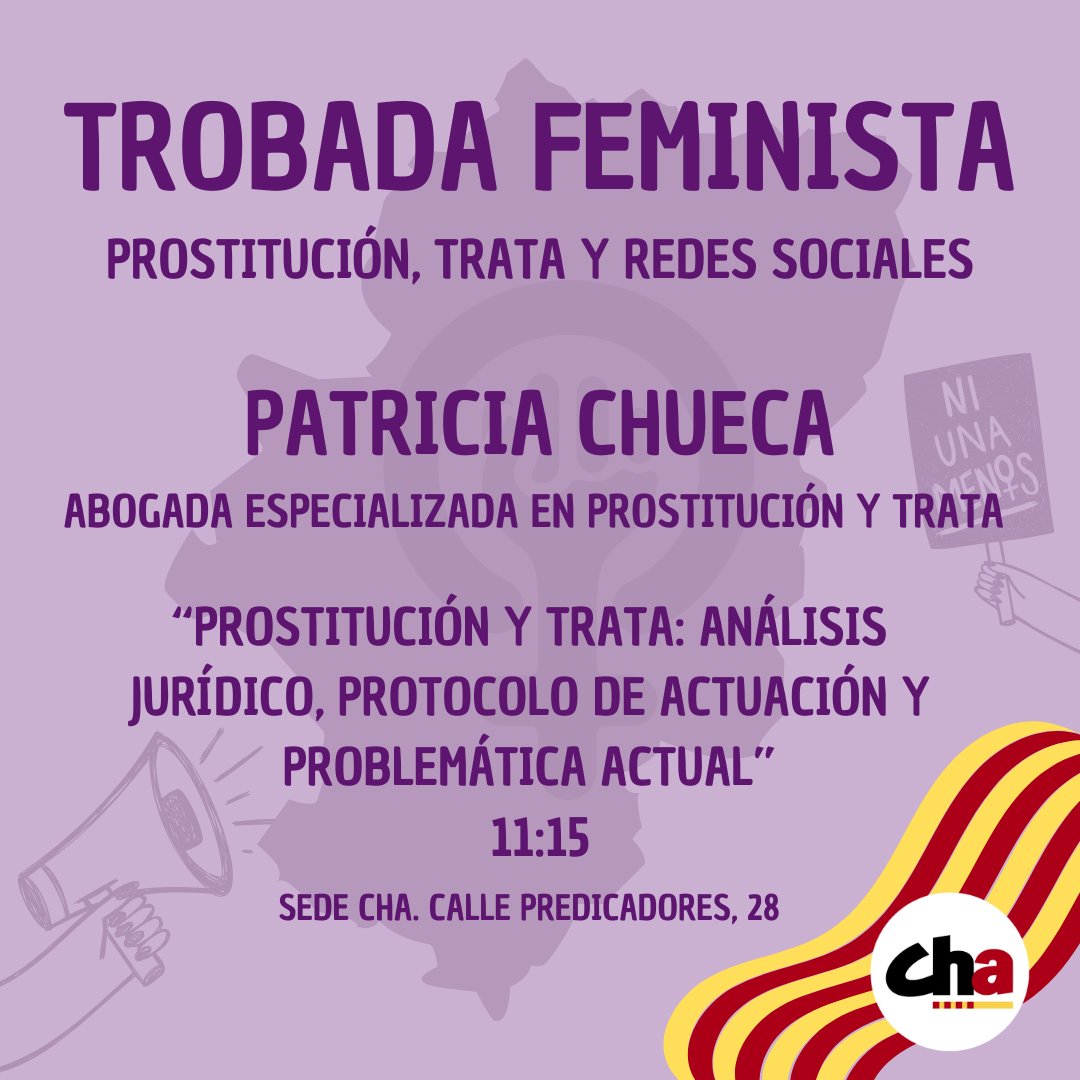 chunta's tweet photo. 🟪 Este sábado tendrá lugar la trobada feminista de CHA.
📢 Prostitución, trata y redes sociales.

📅 16.11.2024
🕚 11 h. a 14 h. y 16 h. a 18 h.
📍 Sede CHA (Predicadores 28, ZGZ) https://t.co/1T5nswtv5R