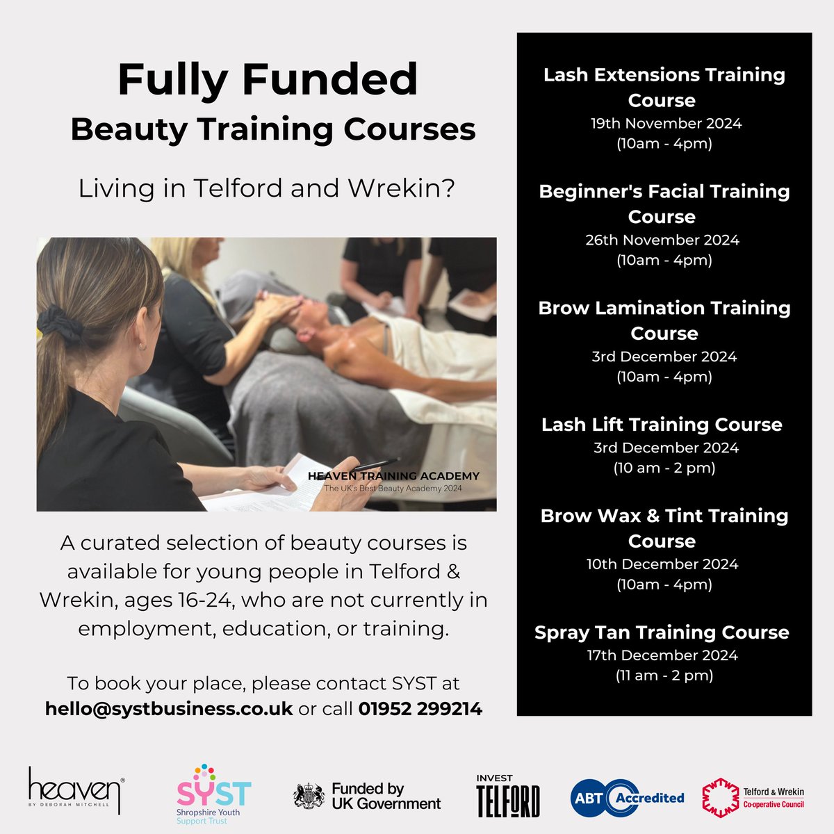SYST (@systbusiness) on Twitter photo NEW Fully funded training courses for young people in Telford & Wrekin, ages 16-24 who are not in employment, education or training! 🤩
Funded by <a href="/TelfordWrekin/">Telford & Wrekin Council</a> . See graphic for more details ℹ️
#shropshire #youthengagement #youthsupport #telford #telfordandwrekin NEW Fully funded training courses for young people in Telford & Wrekin, ages 16-24 who are not in employment, education or training! 🤩
Funded by <a href="/TelfordWrekin/">Telford & Wrekin Council</a> . See graphic for more details ℹ️
#shropshire #youthengagement #youthsupport #telford #telfordandwrekin