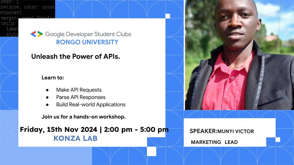 Unleash the Power of APIs

📍Konza Lab 
🗓️Friday, Nov 15th
⌛2:00PM - 5:00PM
👨‍💼@munyi_victor - Market lead

Join Our WhatsApp Community: chat.whatsapp.com/FpLKoqfnZGuFah…