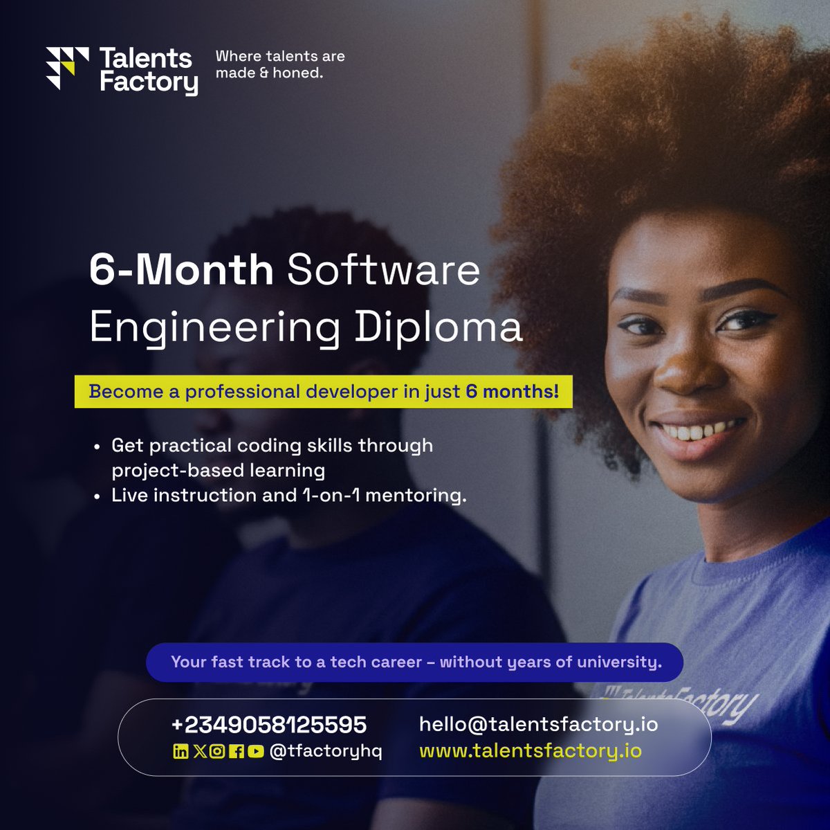 tfactoryhq's tweet photo. 🚀 Ready to start a tech career? Apply for TalentsFactory's 6-Month Software Engineering Diploma! Get practical coding skills, live instruction &amp; mentoring in just 6 months. 

📝 Apply now: https://t.co/QRKzVIpZ9U
#TechCareer 
#TalentsFactory
#Software Engineering 
#LearnTech https://t.co/I3t5seRdNi