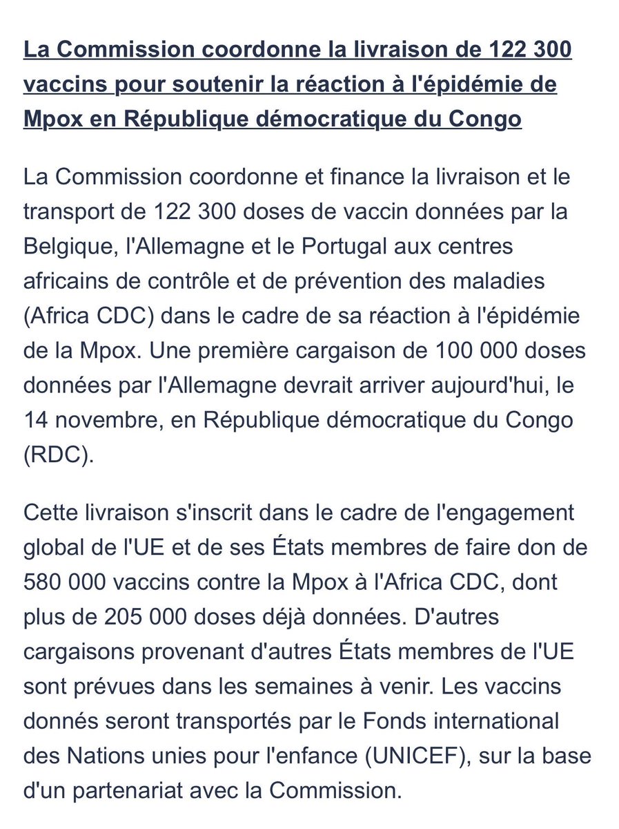 SKyriakidesEU's tweet image. A public health emergency requires a global response.

We will keep supporting DRC 🇨🇩 to tackle the #mpox outbreak.

A shipment coordinated and financed by @EU_Commission of 100,000 more vaccines will arrive today!

Thanks to 🇧🇪 🇩🇪 and 🇵🇹 for their donations.

#HealthUnion
