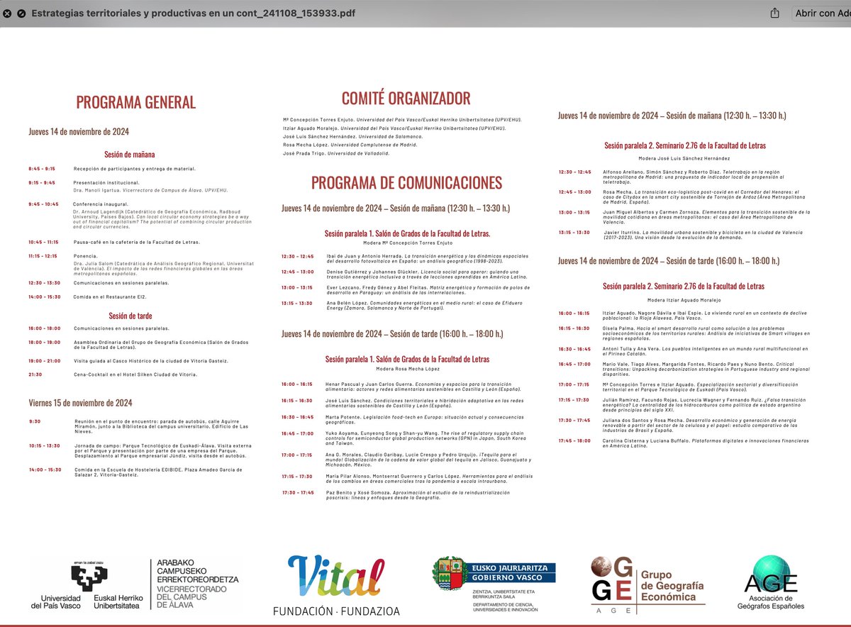 Los profesores Rosa Mecha y Simón Sánchez <a href="/UCMGeo/">UCM Geografía</a>  participan en la "First Conference of Economic Geography" que se celebra en Vitoria- Gasteiz los días 14 y 15 de noviembre