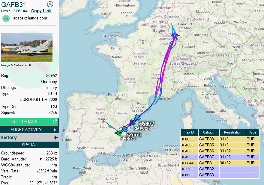 SirListenalot's tweet photo. Seven German #EUFI Eurofighter #GAFB31-33, 35-38 departed Nörvenich for Albacete, Spain (TLP). Three EUFIs #GAFS73A-C departed Laage (no mode-S). All were topped off by MMU #A332 #MMF15 https://t.co/EQTsLAqntH