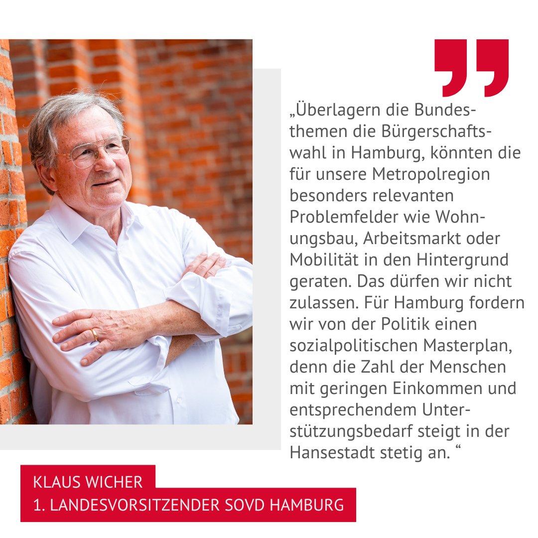 In der Kolumne von Klaus Wicher, Hamburger SoVD-Landesvorsitzender, geht es heute um die Wahlen in Deutschland und Hamburg.
Gemeinsam setzen wir uns für Frieden, Freiheit und Chancengleichheit ein – unterstütze uns im Kampf für soziale Gerechtigkeit und werde Mitglied.