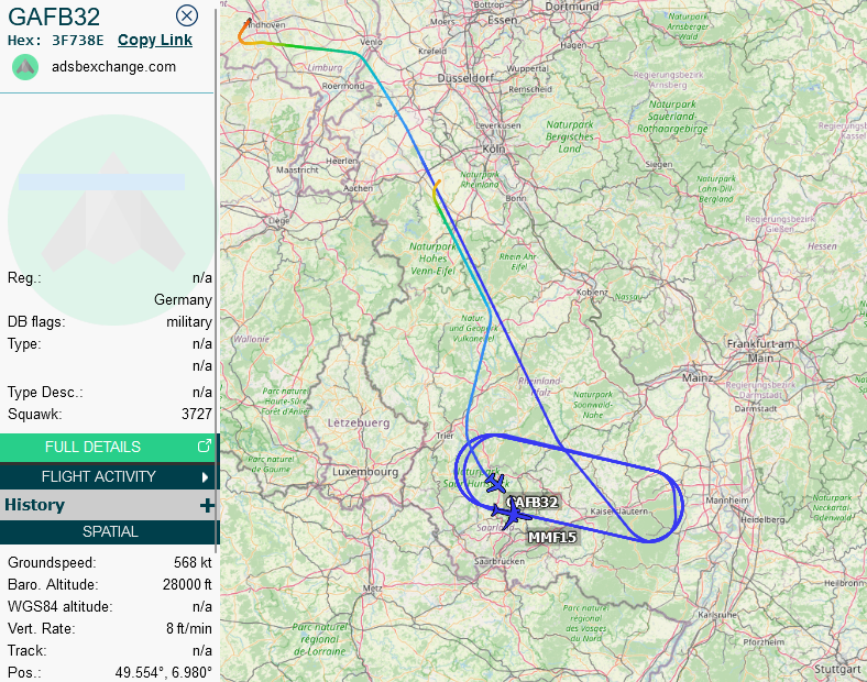SirListenalot's tweet photo. Seven German #EUFI Eurofighter #GAFB31-33, 35-38 departed Nörvenich for Albacete, Spain (TLP). Three EUFIs #GAFS73A-C departed Laage (no mode-S). All were topped off by MMU #A332 #MMF15 https://t.co/EQTsLAqntH