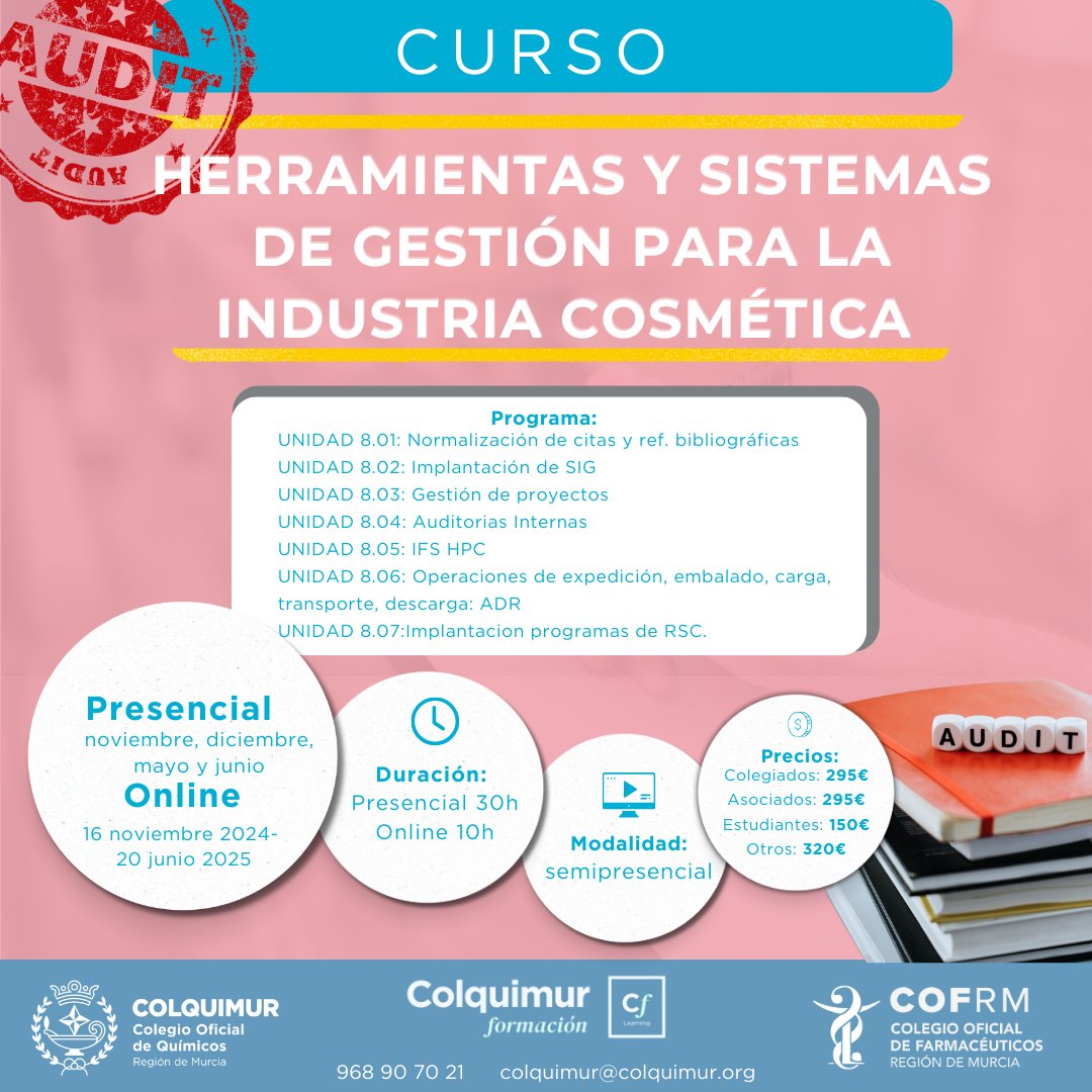 COLQUIMUR's tweet image. Curso 👉🏼 Herramientas y Sistemas de Gestión para la Industria Cosmética
📆 del 16 de noviembre al 20 de junio de 2025
Encuentra toda la información en 👉🏼 lc.cx/wUUJjN
#colquimur #colquimurformación #cosmética #mástercosmética #formacióncosmética #cosmetic