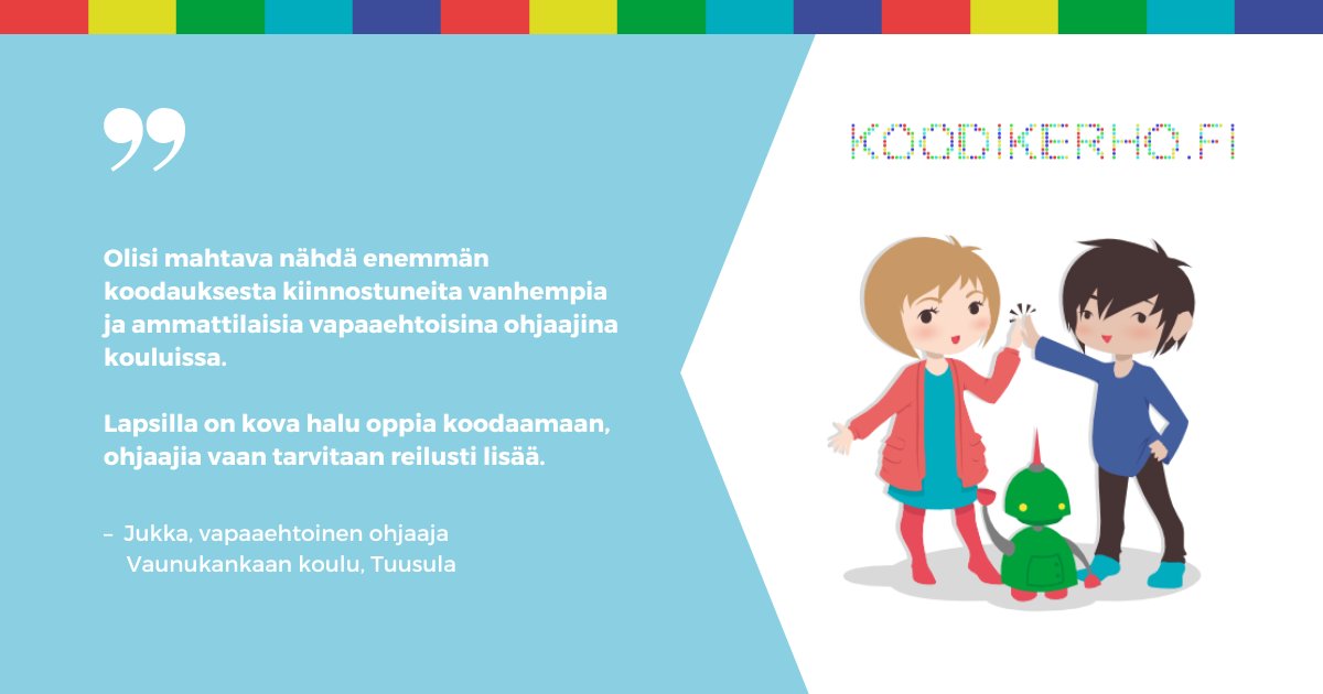 Mitä jos alkaisit ensi keväänä ohjaamaan #Koodikerho'a? Etsimme lisää innokkaita vapaaehtoisia mm.  näille alueille: Helsinki, Vantaa, Espoo, Turku, Lahti, Oulu. 😃
Olethan varustettu avoimella ja leikkisällä mielellä,  ilmoittaudu: koodikerho.fi/ilmoittautumin… ja vinkkaa eteenpäin!