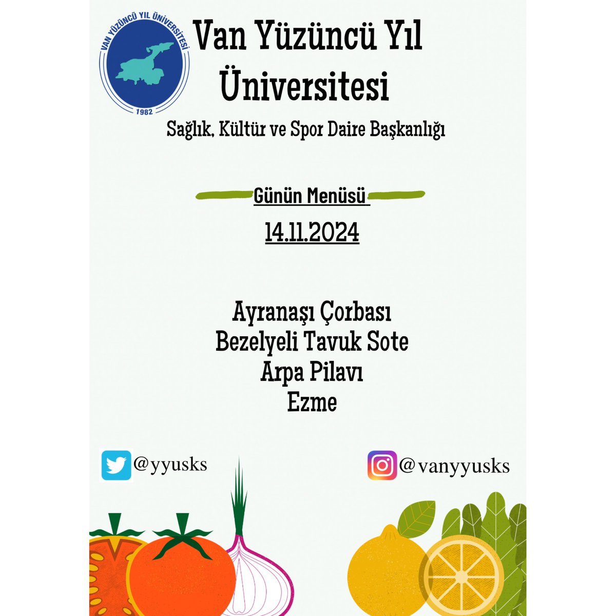 Günün Menüsü 

~Ayranaşı Çorbası 
~Bezelyeli Tavuk Sote 
~Arpa Pilavı 
~Ezme

Afiyet olsun.