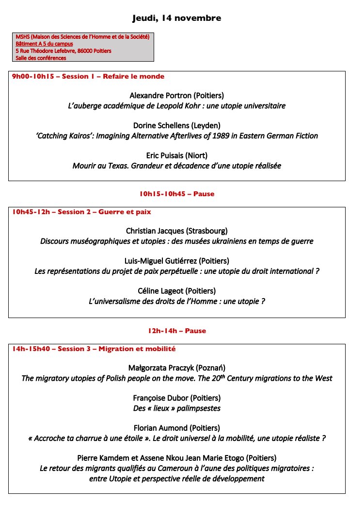 LMGR02's tweet image. 14 novembre 2024 : LMG Les représentations du projet de paix perpétuelle : une utopie du droit international ? 

Colloque international : Espaces utopiques – Texte(s) et image(s)

Université de Poitiers 

cecoji.labo.univ-poitiers.fr/colloque-espac…