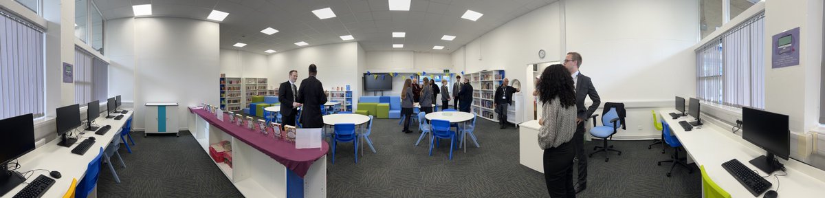 MagnaCartaSch's tweet photo. We enjoyed a visit from trustees of the Henry Strode Foundation yesterday. Their generous funding has allowed us create a new library. A brilliant space where students queue to get in it’s so popular! #LearningShapesLives #WeAreMagna #TMCS https://t.co/Tfs4KTnCkX