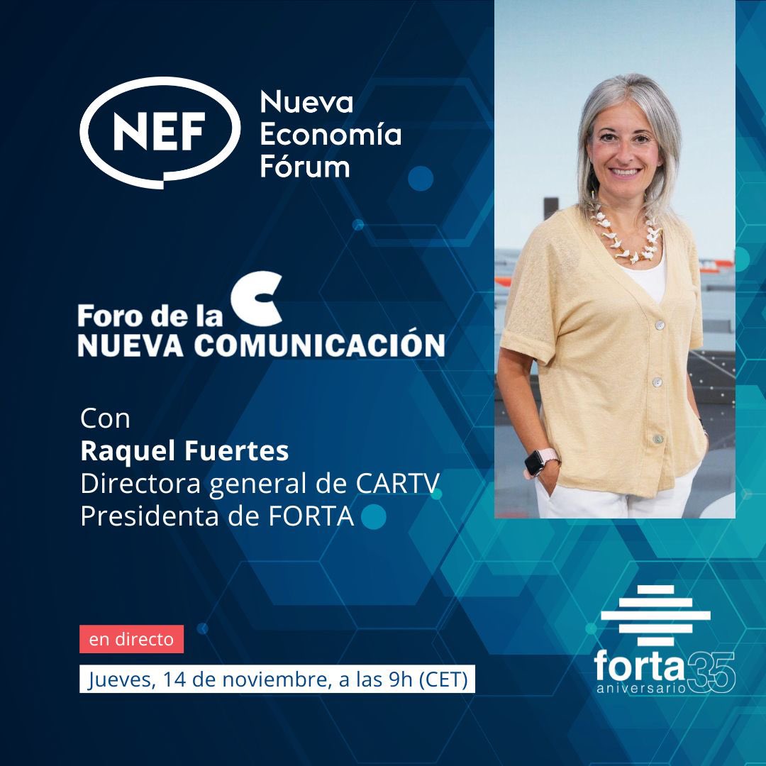 forta's tweet photo. #FORTA35 - A partir de las 9:00h sigue en vivo la participación de Raquel Fuertes, directora general @CARTV_ y presidenta de FORTA, en @NewEconomyForum. 

Presente y futuro del sector audiovisual, en el 35 aniversario de la Federación que reúne a las cadenas autonómicas. 

En directo ⤵️

https://t.co/PjtWLFTIBq