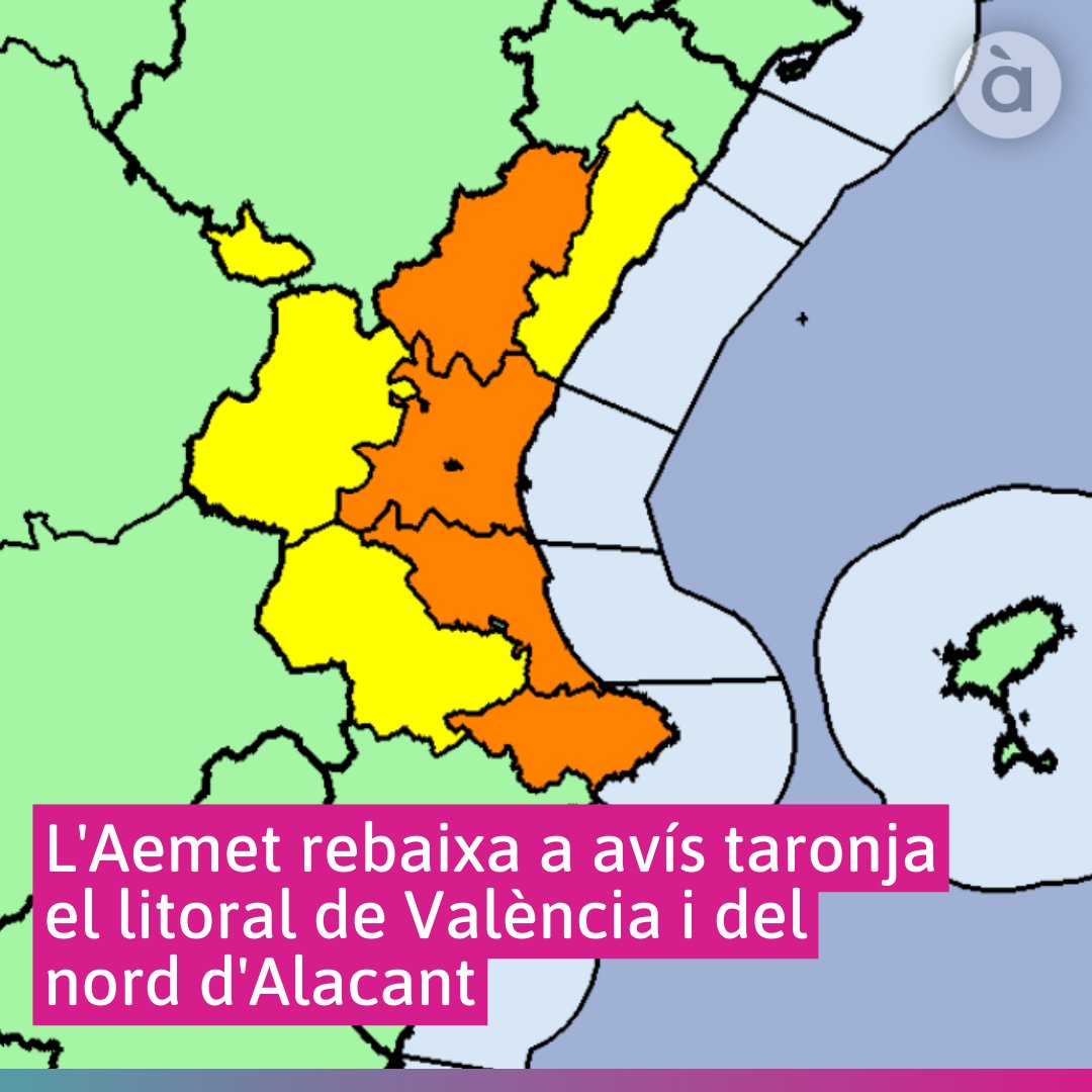apuntnoticies's tweet photo. L'Agència Estatal de Meteorologia ha rebaixat poc després de les 07:30 hores a avís taronja el litoral de València i del nord d'Alacant.

🔴 L'última hora de la #DANACV: https://t.co/h1Hc3UMOOS https://t.co/hhJ4kkBfpp