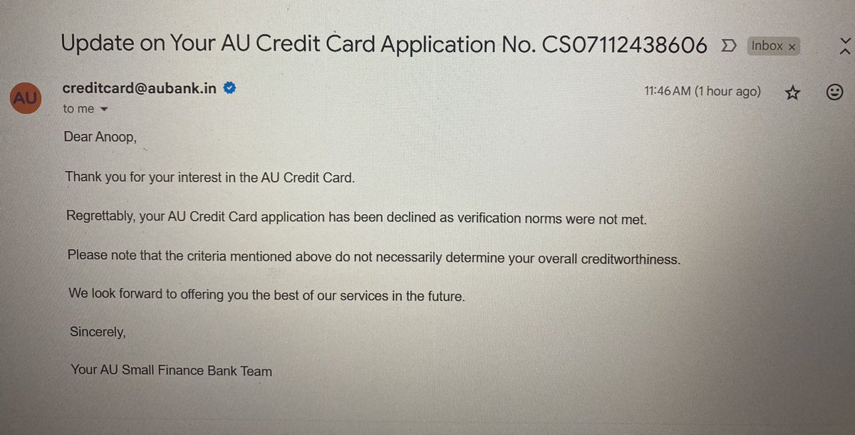 AnoopKulkarni15's tweet photo. Hi @aubankindia @ixigo teams 

Was eagerly waiting for your co-branded credit card to book air tickets.
Disheartened to see my application with Lead ID : CS07112438606 being declined for NO ELABORATE REASON although KYC and verification were successful. https://t.co/9xVcldApUt