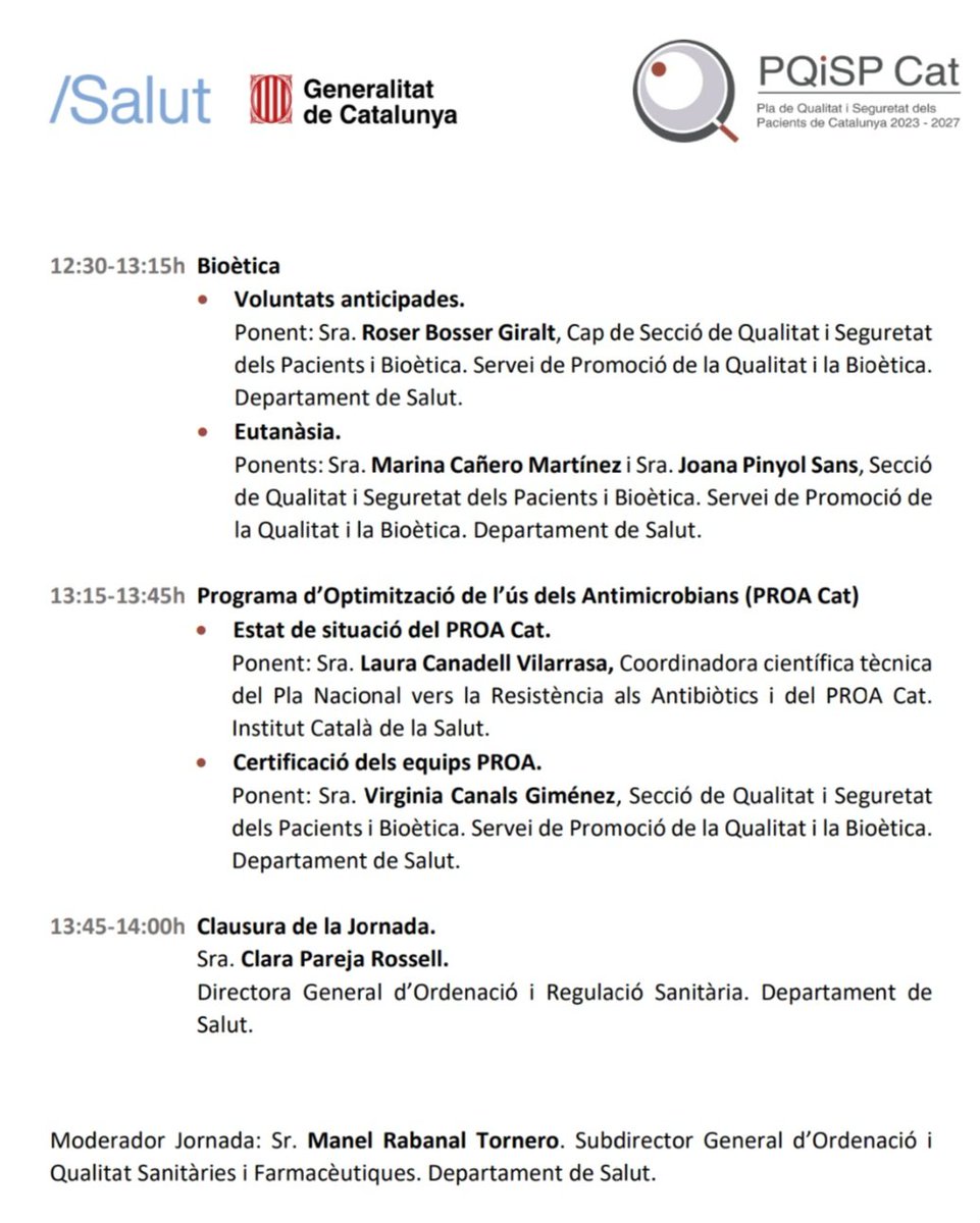 PilarAstier's tweet photo. Se presentan resultados de:
1. Sistema de Notificación y Aprendizaje #SegPac #SNiSPCat
2. Aplicación Proactiva #PROSPCat
3. Cuadro de Mandos de #SegPac, #QCSP Cat
4. Plataforma de Acreditación: #hospitales y #AtencionPrimaria
5. #Proa Cat
6. Voluntades anticipadas y eutanasia https://t.co/J4ly4NVqez