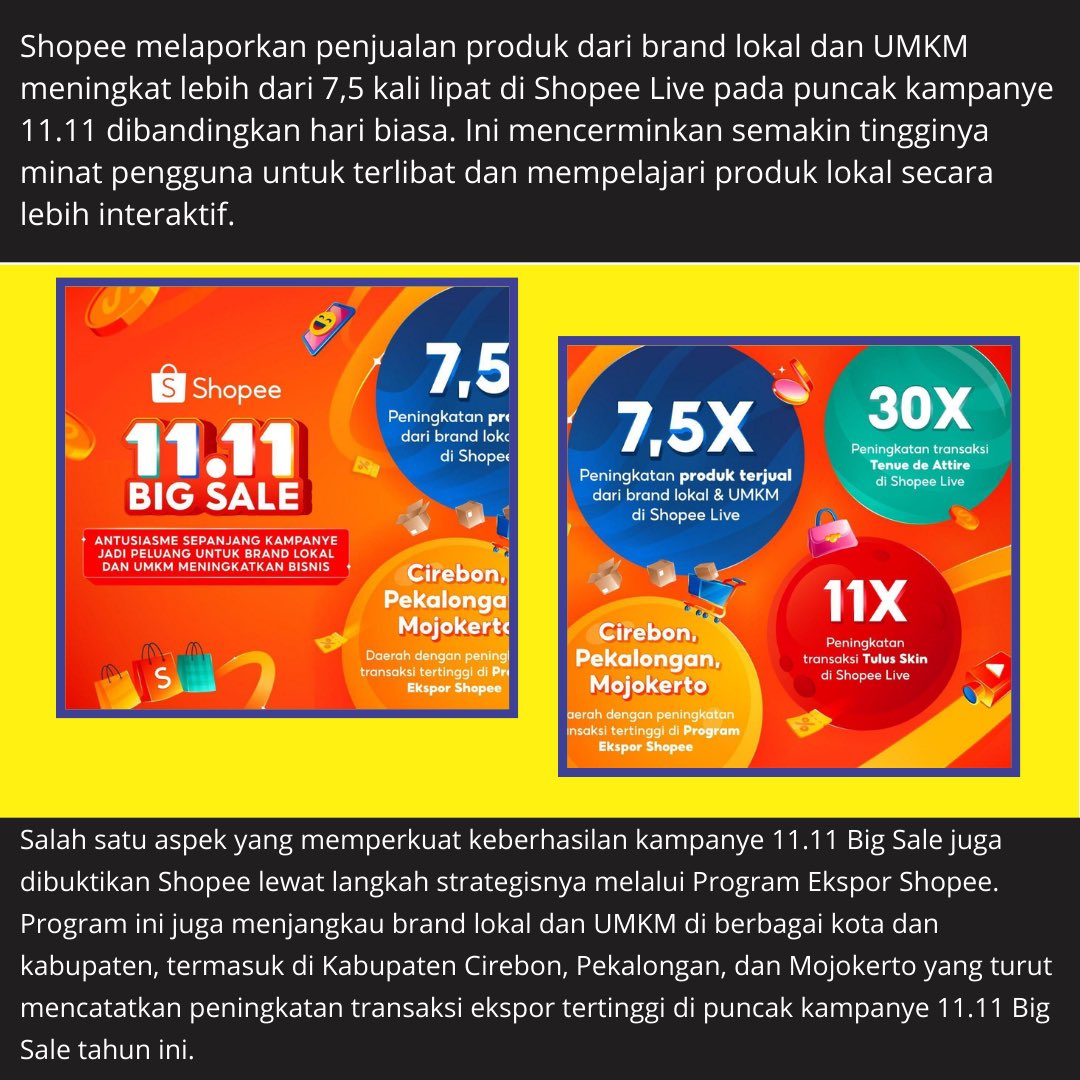 sragenupdatecom's tweet photo. Wow! Penjualan produk dari brand lokal dan UMKM di Shopee Live saat 11.11 Big Sale meningkat lebih dari 7,5 kali lipat!

Baca:
https://t.co/vulh4Mw5lJ

#diskon #promo #kampanye1111 https://t.co/yZ0VMup0Mz