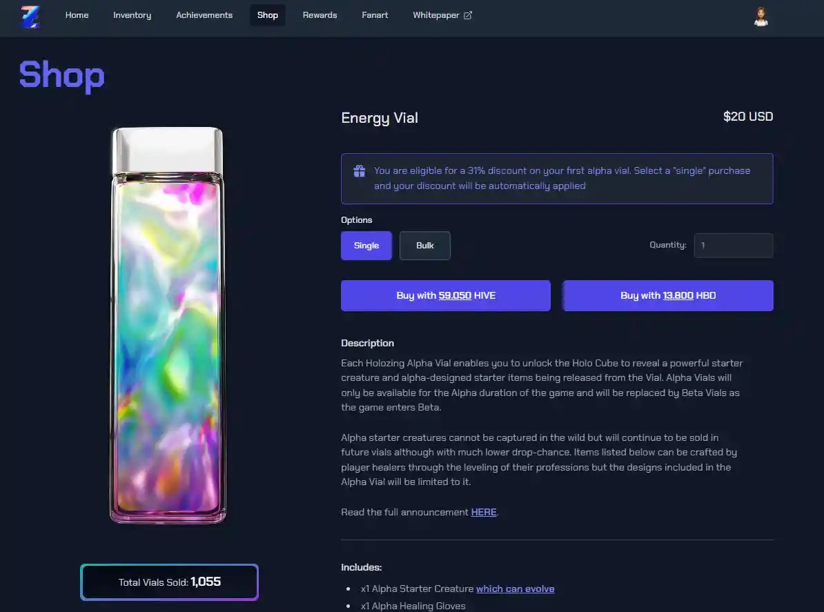 crystall909's tweet photo. 🧵/1

Today finally, I bought an Alpha energy vial for HBD with a 31% discount. Happy to add this asset to my @Holozing game inventory.

#play2earn #holozing #game https://t.co/MhXG3BbHuX
