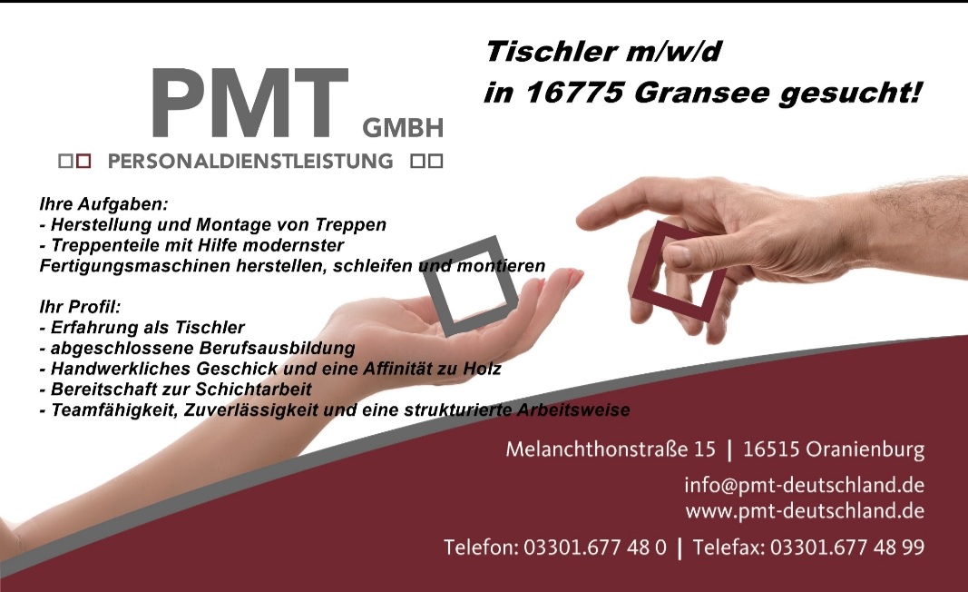 Hallo wir suchen #tischler #tischlerhandwerk in #gransee

Schickt uns eure #bewerbung an
bewerbung@pmt-deutschland.de 

#pmt #pmt_personal #pmtgmbh #potsdam
#jobs #jobsuche #jobsohv #jobsoberhavel
#berlin #jobs #jobsuche #berlinjobs #jobsinberlin #jobangebot #job