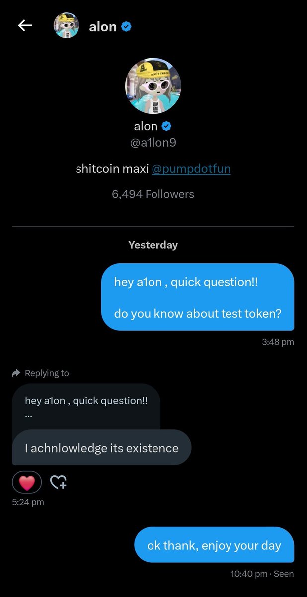 This was my dm in April with an inventor of pump.fun, chad <a href="/a1lon9/">alon</a>, and then he wrote #wagwan in the $test telegram chat. 

The whole story is: $test is first ever deployed meme coin on pump.fun

It is also symbol of your patience; loyalty and