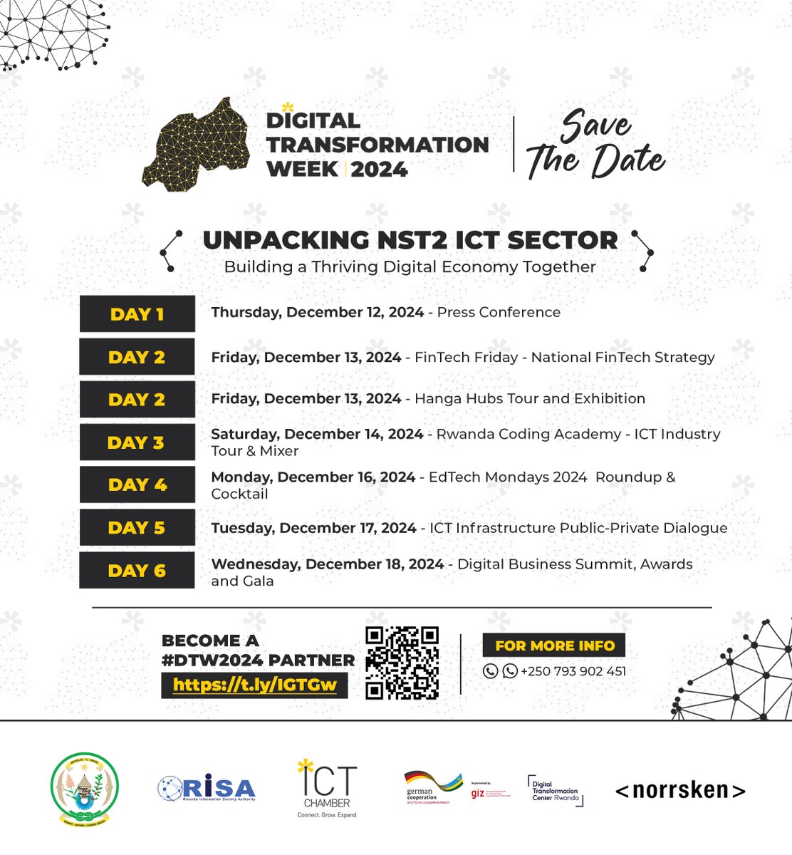 rwictchamber's tweet photo. #SaveTheDates
We are thrilled to announce the #DTW2024 agenda! Save these dates and stay tuned for more upcoming updates. Throughout the #DTW2024, we will be unpacking #NST2 ICT Sector opportunities across Rwanda.

Co-organize the #DTW2024 with us> https://t.co/B6hFyxh4iD! https://t.co/PxbsHlmEok
