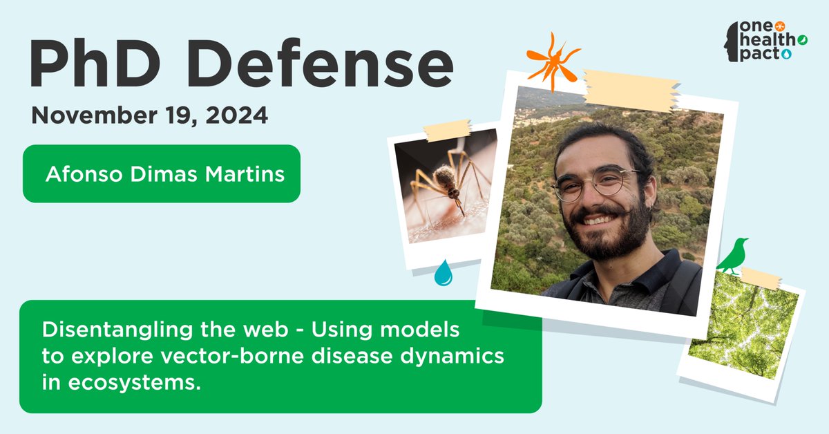 One Health PACT (@onehealthpact) on Twitter photo Promotion time! 🦟💧🐦⬛
On 19 November 2024 Afonso Dimas Martins, one of our PhD’s, will defend his PhD thesis titled: ‘Disentangling the web - Using models to explore vector-borne disease dynamics in ecosystems’ at the <a href="/UniUtrecht/">Utrecht University</a>.
Attend online via: bit.ly/3Z5Jq6M. Promotion time! 🦟💧🐦⬛
On 19 November 2024 Afonso Dimas Martins, one of our PhD’s, will defend his PhD thesis titled: ‘Disentangling the web - Using models to explore vector-borne disease dynamics in ecosystems’ at the <a href="/UniUtrecht/">Utrecht University</a>.
Attend online via: bit.ly/3Z5Jq6M.