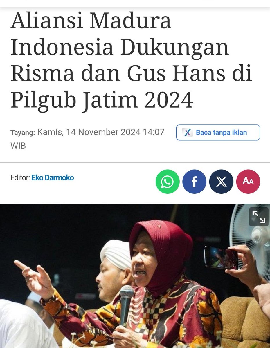 Dukungan terus datang, semoga ada kejutan, Jawa Timur punya gubernur bersih, tegas dan berprestasi.

Surabaya sdh mendunia, selanjutnya Jawa Timur.❤️

Aliansi Madura Indonesia Dukung Risma dan Gus Hans di Pilgub Jatim 2024.
#pendidikangratis #pelayanrakyat #resikresikjawatimur