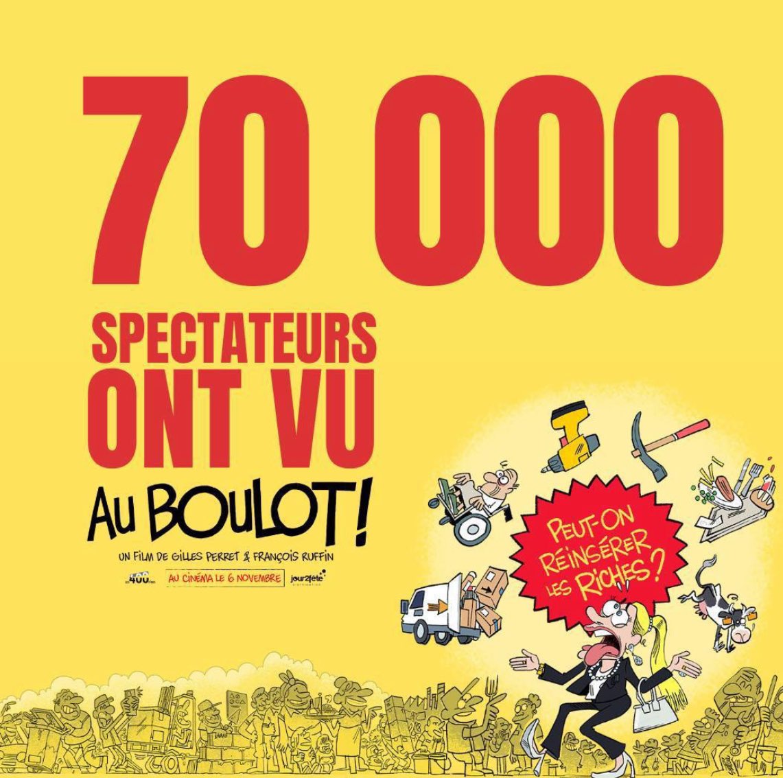"Au boulot !" fait 70 000 entrées en première semaine : c'est notre meilleur lancement au cinéma à François et à moi ! 
Merci à tous les spectateurs-trices en espérant qu'ils en ressortent émus et combatifs pour la suite ! 

(Prochaine intervention à Taninges ce samedi 16 nov)