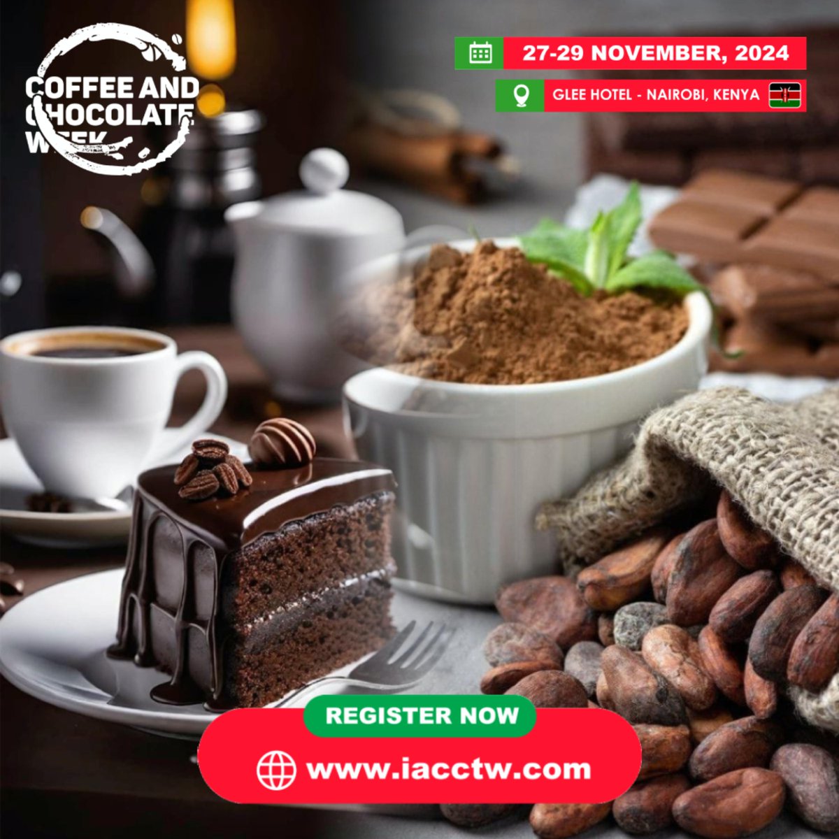 iacctw's tweet photo. Join us for the Intra Africa Coffee and Chocolate Trade Week from 27-29 November 2024. Experience Africa’s finest coffee and chocolate, connect with industry leaders, and explore new opportunities.

We look forward to welcoming you in Kenya!

Register now: https://t.co/62lxXWnQIw https://t.co/MbRa0pwvDi