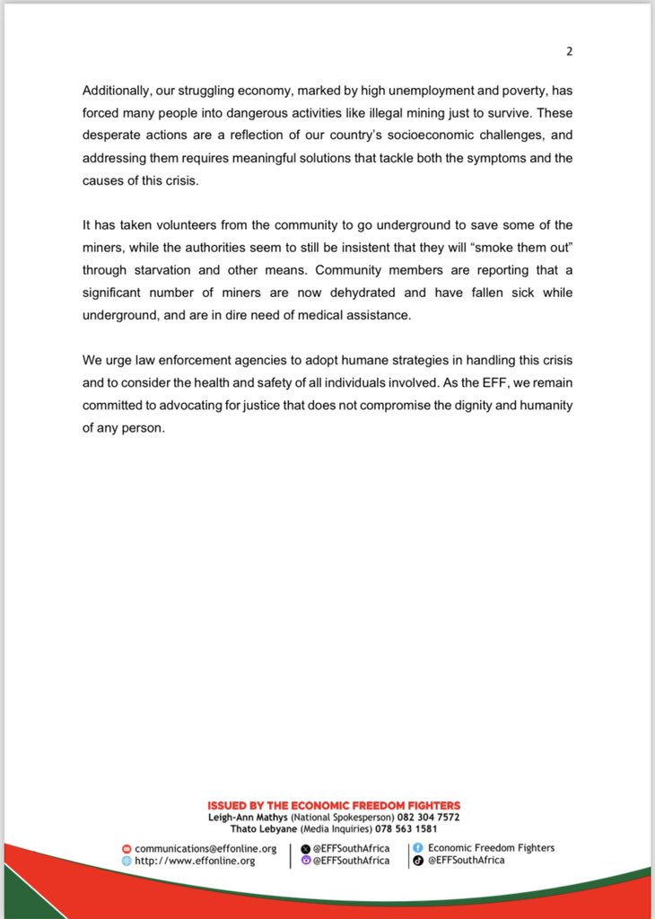 EFFSouthAfrica's tweet image. The EFF’s Statement on Ongoing Operation Vala Umgodi

-We understand the devastating consequences of illegal mining on local economies, the environment, and public safety. However, this operation must balance enforcement with respect for human rights and dignity. Denying access…