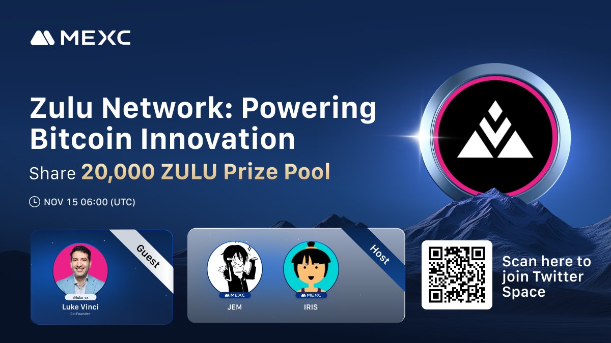 🔥 #MEXC x <a href="/zulu_network/">Zulu Network</a> X Space AMA is happening in one day!

🪧 Zulu Network: Powering Bitcoin Innovation!
⏰ Set a reminder &amp; join us at 06:00 UTC on Nov 15, 2024: x.com/i/spaces/1YpKk…

🎁 Win a share of 20,000 ZULU AMA prize pool: gleam.io/XlBOJ/mexc-x-z…