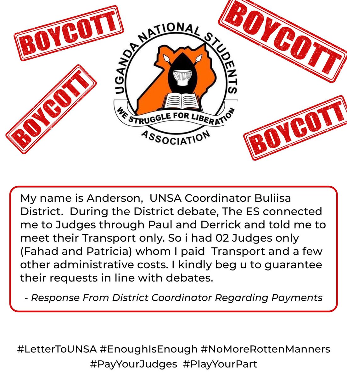 BrytChristine's tweet photo. The UNSA ES has a lot of uncoordinated stories.
The coordinators he is claiming not have have contacted are saying otherwise. There is a lot of clarity that needs to be done. 
Cherukut Fred is a very big liar and unrealistic.

#WE WANT OUR MONEY. https://t.co/iR4Wj9l4kk