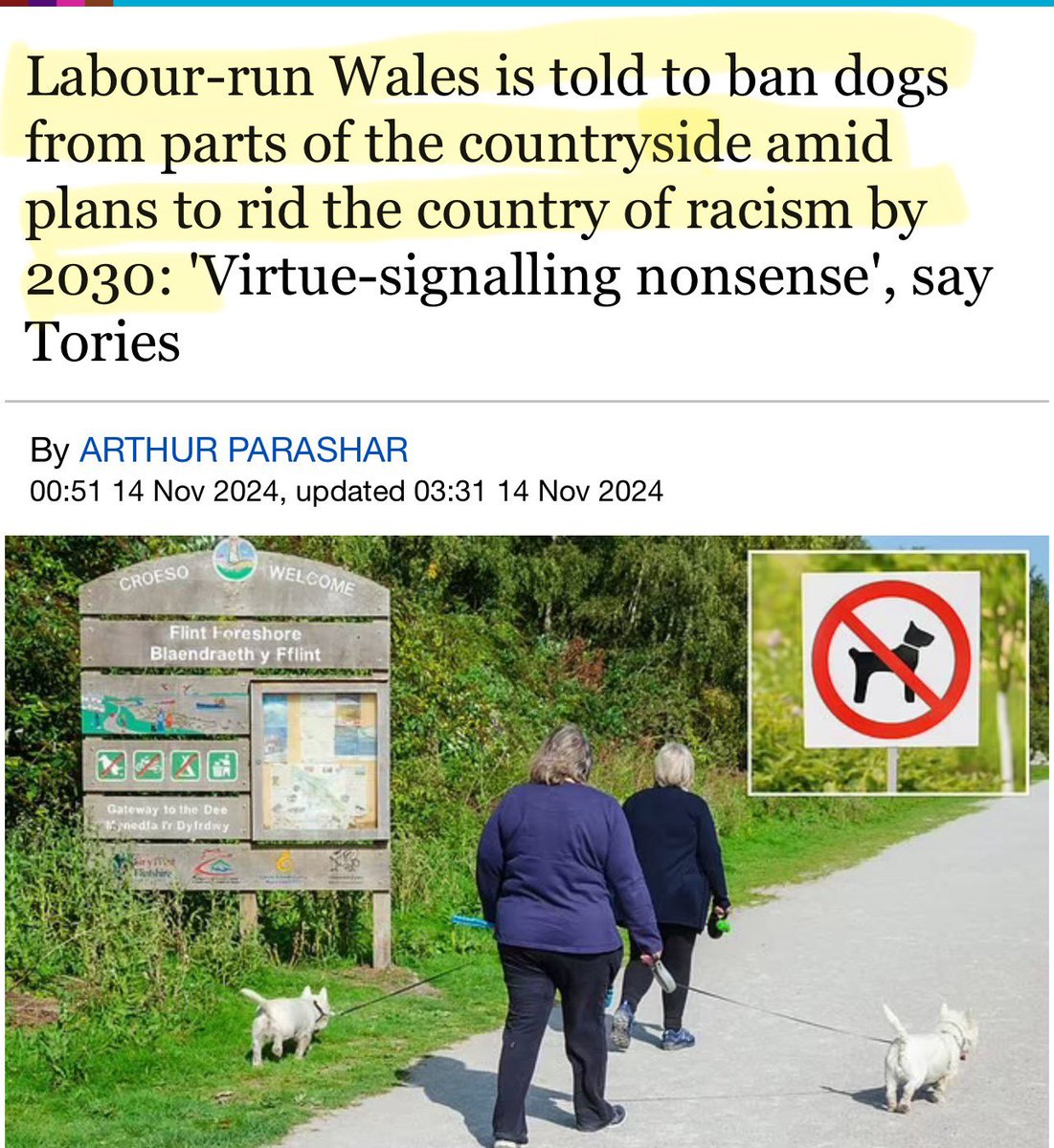 Artemisfornow's tweet image. WOKE - Dogs are offensive.

The Welsh Government has been advised to create dog-free zones to make the outdoors anti racist

Wales plans to wipe out racism by 2030, &amp;amp; will ensure “all areas” of public life are transformed…. So that British people wont bother living there 🤡