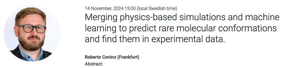 Simon Olsson (@smnlssn) on Twitter photo Today we are excited to welcome <a href="/CovinoLab/">Roberto Covino</a> to give this months Chalmers AI4Science seminar. Join us in Analysen on the Chalmers Johanneberg Campus this afternoon at 3pm or on zoom. For more details see psolsson.github.io/AI4ScienceSemi… Today we are excited to welcome <a href="/CovinoLab/">Roberto Covino</a> to give this months Chalmers AI4Science seminar. Join us in Analysen on the Chalmers Johanneberg Campus this afternoon at 3pm or on zoom. For more details see psolsson.github.io/AI4ScienceSemi…