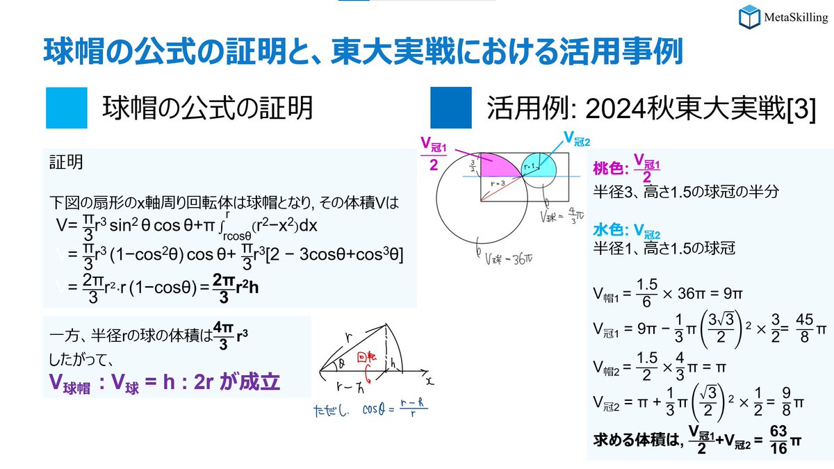 球の絡む体積の高速計算テクニック(2/2)】 先日の東大実戦第3問を題材