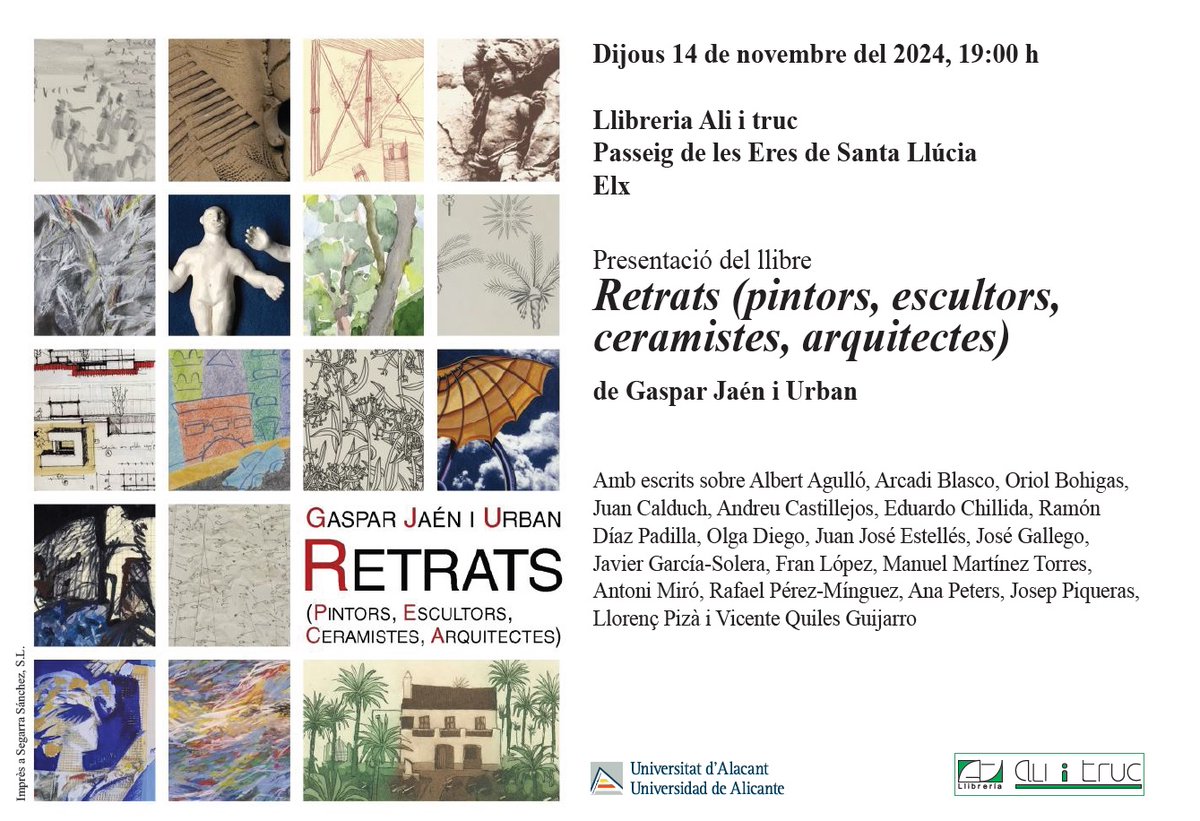 Hui es presenta a #Elx el llibre de Gaspar Jaén
📚Retrats (pintors, escultors, ceramistes, arquitectes)
➡️s.ua.es/_M5D
 A les 19:00 hores en <a href="/ali_i_truc/">Llibreria Ali i Truc</a> 
#PublicacionsUA